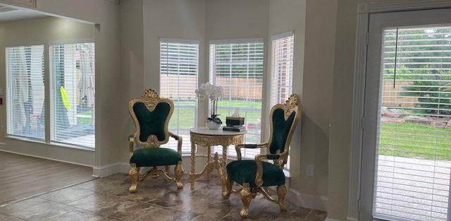 Image of green velvet, ornate, cozy Seating Area in Chateaux Serenity